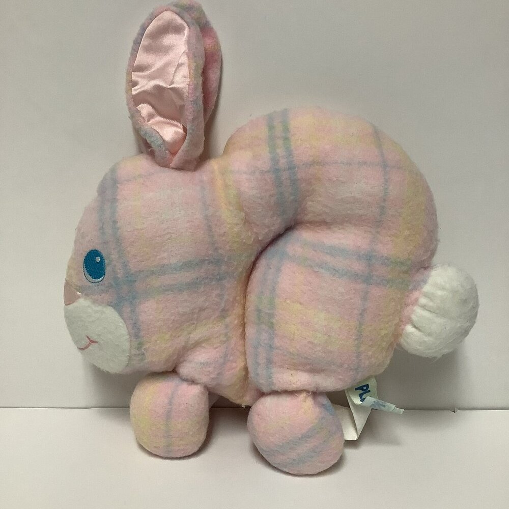 Vintage Playskool Pink Bunny Rabbit Pillow Pastel Plaid Lovey Plush 1980's READ